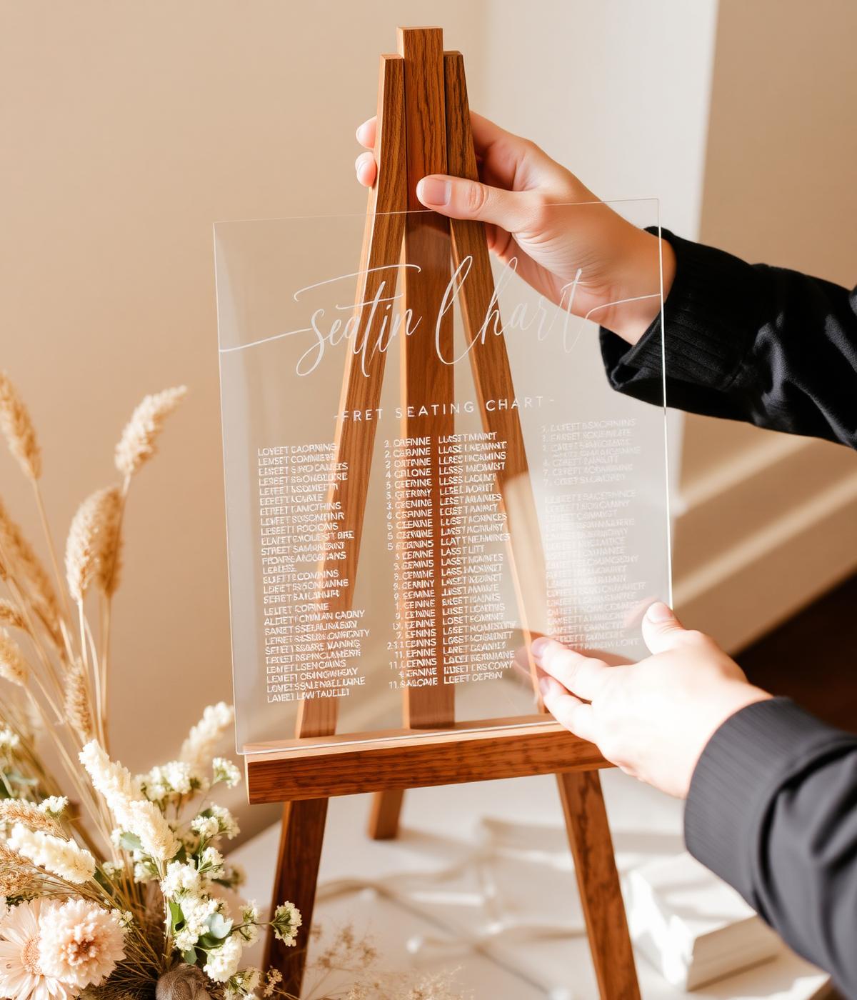 Hands setting up a personalized acrylic seating chart sign